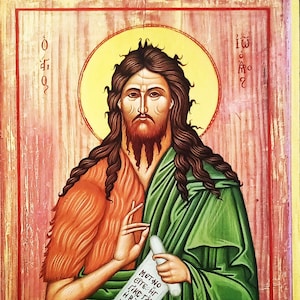 Saint John the Baptist original hand painted Greek byzantine antique style Orthodox icon, St John the Forerunner, Chaplet iconostasis icon