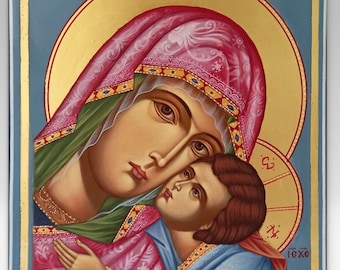 Virgin Mary icon/Original Hand painted Theotokos with Jesus Greek Byzantine Orthodox Icon/Home altar icon/unique Christian wedding gift