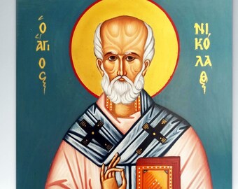 Saint Nicholaos icon /Hand painted Saint Nicholaos Greek byzantine original Orthodox icon / patron Saint of sailors / Saint Nikolas of Myra