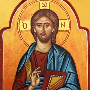 Hand painted Jesus Christ Greek Orthodox byzantine icon on wood, Jesus blessing original painting, wedding baptism graduation religious gift