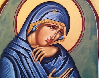 Virgin Mary icon, Our Lady of Sorrows original Greek hand painted byzantine Οrthodox icon, Theotokos mourning, Fifth sorrow iconography
