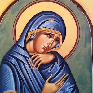 Virgin Mary icon, Our Lady of Sorrows original Greek hand painted byzantine Οrthodox icon, Theotokos mourning, Fifth sorrow iconography