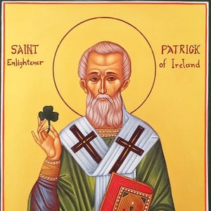 Saint Patrick Original hand painted byzantine icon, Patron Saint of Ireland, Enlightener of Ireland
