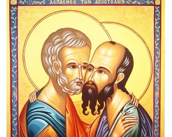 手描きのギリシャ正教のアイコン、聖ペテロと聖パウロ