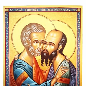 Los Apóstoles San Pedro y San Pablo icono ortodoxo bizantino griego pintado a mano, iconos de Petros y Pavlos ortodoxos