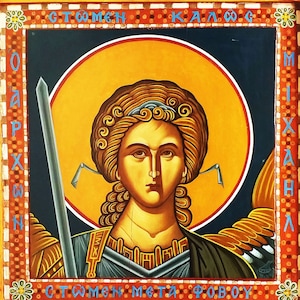 Hand painted Archangel Michael, original Greek Byzantine Orthodox icon, ooak antique wood collectible icon, Christian art