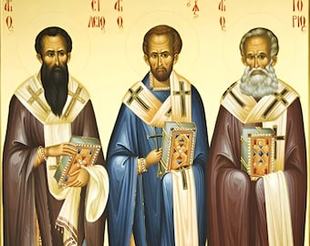 Icono ortodoxo griego pintado a mano de Los Tres Jerarcas, Basilio el Grande, Gregorio el Teólogo, Juan Crisóstomo, pintura bizantina original