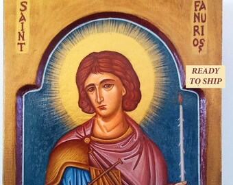 Saint Fanourios Hand painted original Greek Byzantine Orthodox icon on wood, St Fanurios traditional iconography,chapel shrine blessing icon