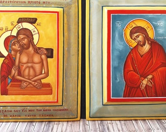 Set of two original Greek Byzantine Hand painted Orthodox icons, Jesus Christ the Bridegroom, Extreme Humility, The descent from the Cross