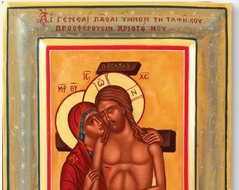 Virgin Mary and Jesus Icon / Greek Byzantine Orthodox | Hand-Painted Descent from the Cross / Cry Not for Me / Religious Iconography