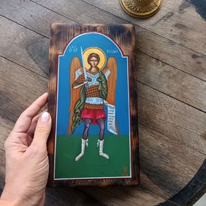 Archangel Michael Greek original byzantine hand painted orthodox icon, collector gift, one of a kind antique wood icon