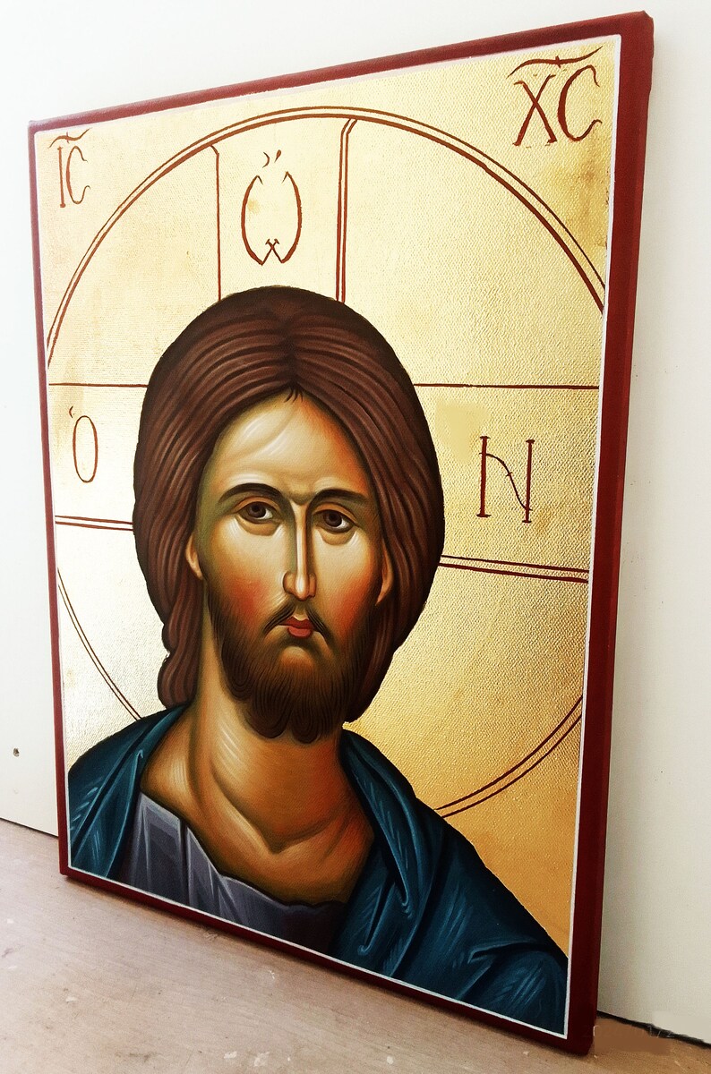 Jesus Christ Original wall mural canvas painting, Greek Byzantine Orthodox icon hand painted, Mural Art Painting Canvas wall decor image 5