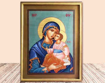 Virgin Mary with Jesus icon, original hand painted Greek byzantine orthodox icon for parish sanctuary or home icon corner