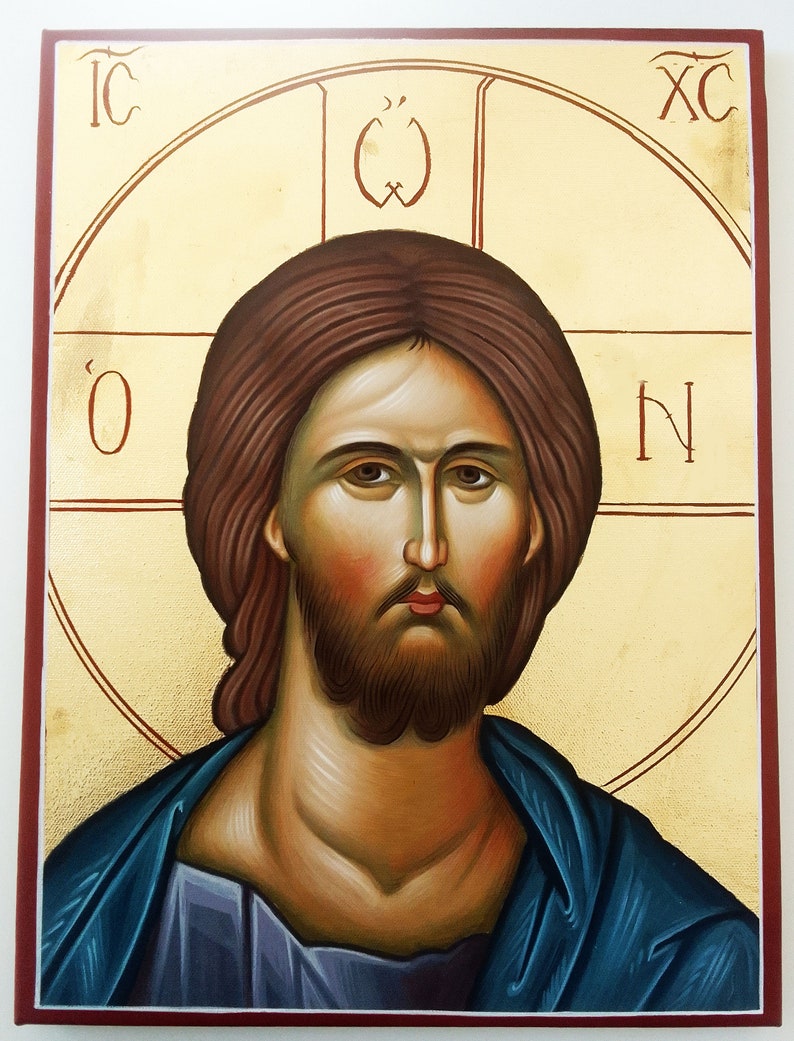 Jesus Christ Original wall mural canvas painting, Greek Byzantine Orthodox icon hand painted, Mural Art Painting Canvas wall decor image 2