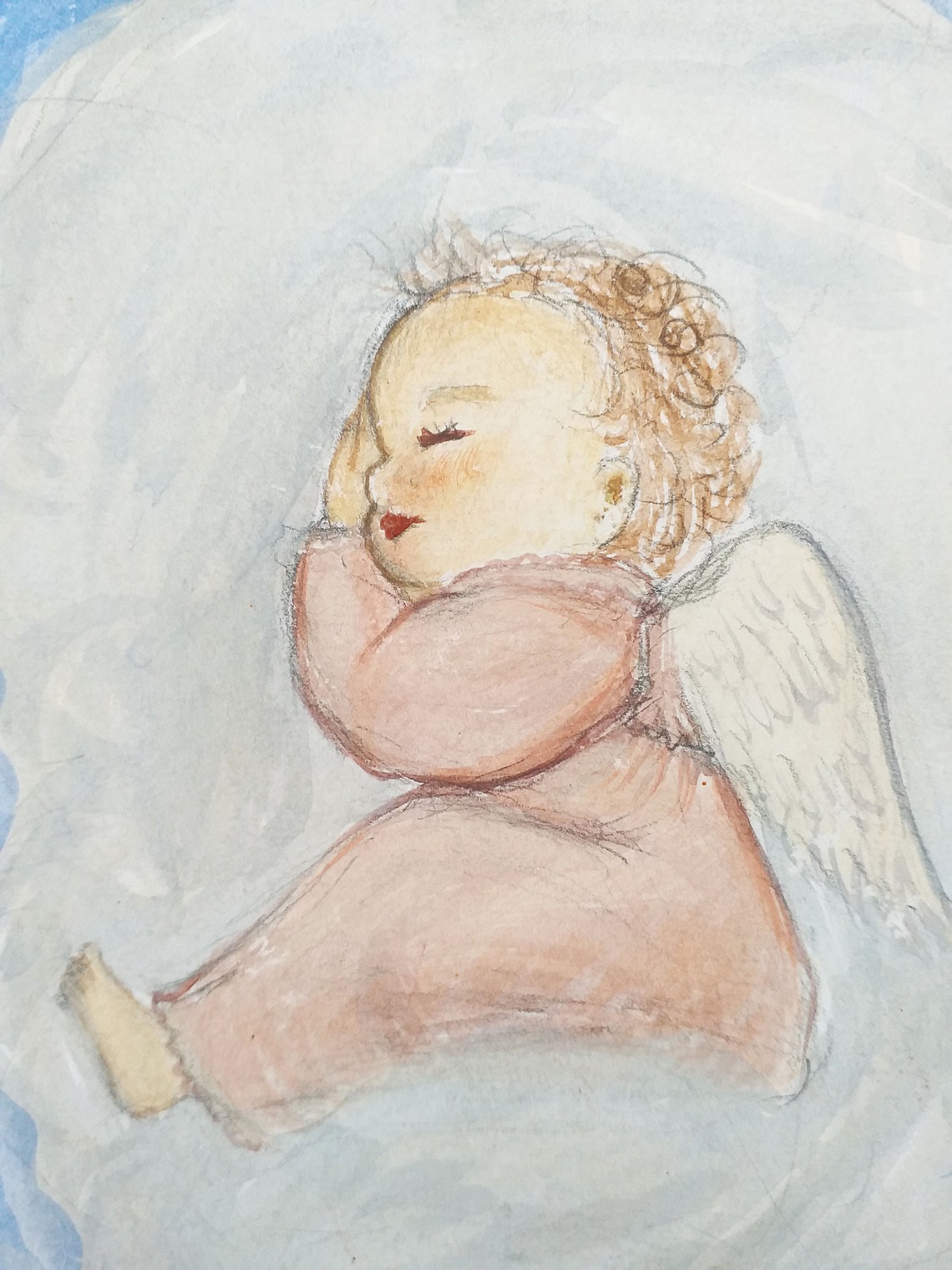 Angel baby sleeping on a cloud aesthetic watercolor original Etsy