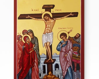 Hand Painted Orthodox Icon of The Crucifixion of Jesus Christ / Greek Byzantine Art / High Quality Religious Iconography