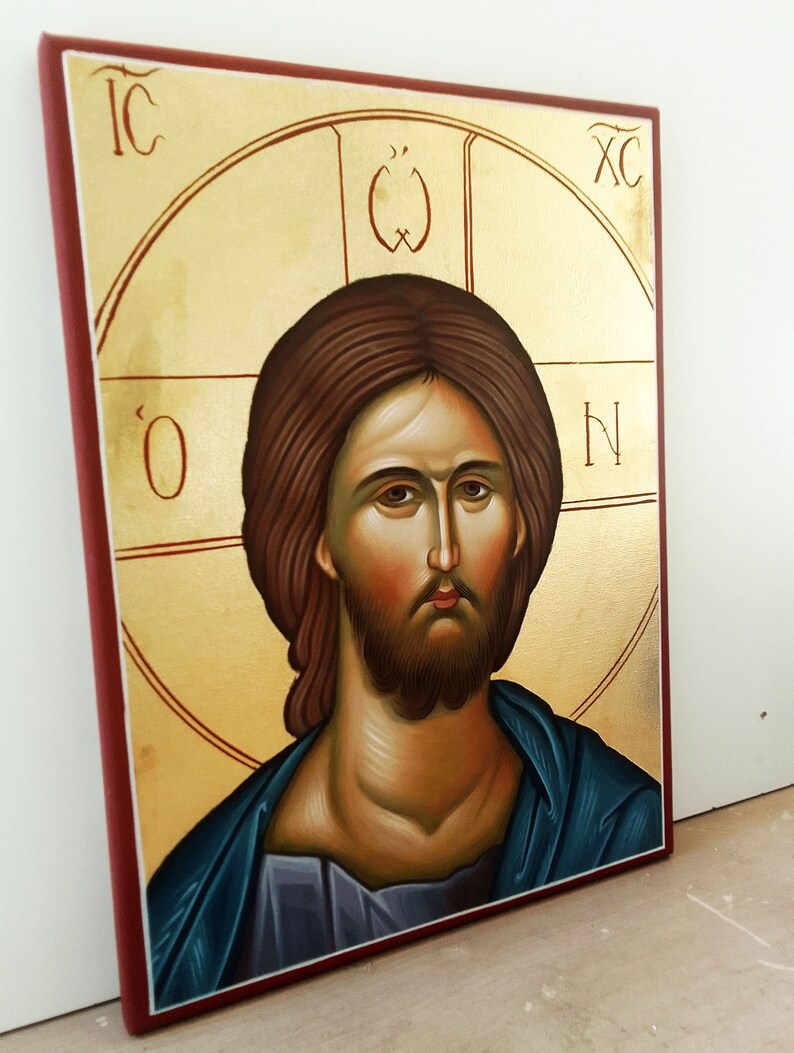 Jesus Christ Original wall mural canvas painting, Greek Byzantine Orthodox icon hand painted, Mural Art Painting Canvas wall decor image 4