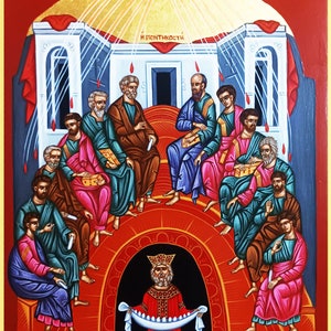 Pentecost Icon, Hand-Painted Greek Orthodox Byzantine Icon on Wood, Holy Spirit Descends, Christian Wall Art, Religious Gift, Easter Icon