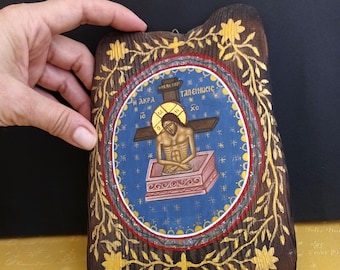 Jesus Christ descent from Cross antique wood, original OOAK hand painted Greek Byzantine Easter Orthodox icon, Extreme Humility icon