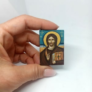 Hand-Painted Miniature Jesus Christ Icon | Greek Byzantine Orthodox Icon | Travel Size Christian Religious Prayer Icon Gift for Father&#39;s Day
