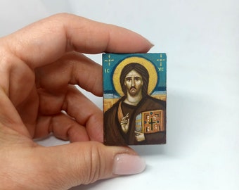 Jesus Christ icon, Miniature hand painted Orthodox icon, Small Religious icon gift, Greek Byzantine icon, Father 's day christian gift idea