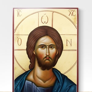 Handgemalte Jesus Christus griechisch byzantinisch kyrillische Ikone auf 30 x 40 cm gespannter Leinwand, individuelles Wandbild verfügbar