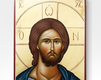 Hand-Painted Jesus Christ Greek Byzantine Orthodox Icon on 30x40cm Stretched Canvas, Custom Mural Available