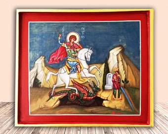 Saint George icon, original hand painted Greek Byzantine Orthodox icon, Great Martyr St George and the dragon, the golden legent st Georgios