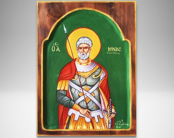 Saint Menas icon/original hand painted Orthodox icon/St Mina Greek Byzantine handmade icon Paint/Christian name day gift idea/Egyptian saint