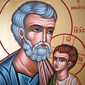 Saint Joseph with Child Jesus, Hand Painted Greek Orthodox Byzantine Icon on Wood, Custom Religious Art