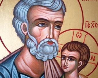 Saint Joseph with Child Jesus, Hand Painted Greek Orthodox Byzantine Icon on Wood, Custom Religious Art