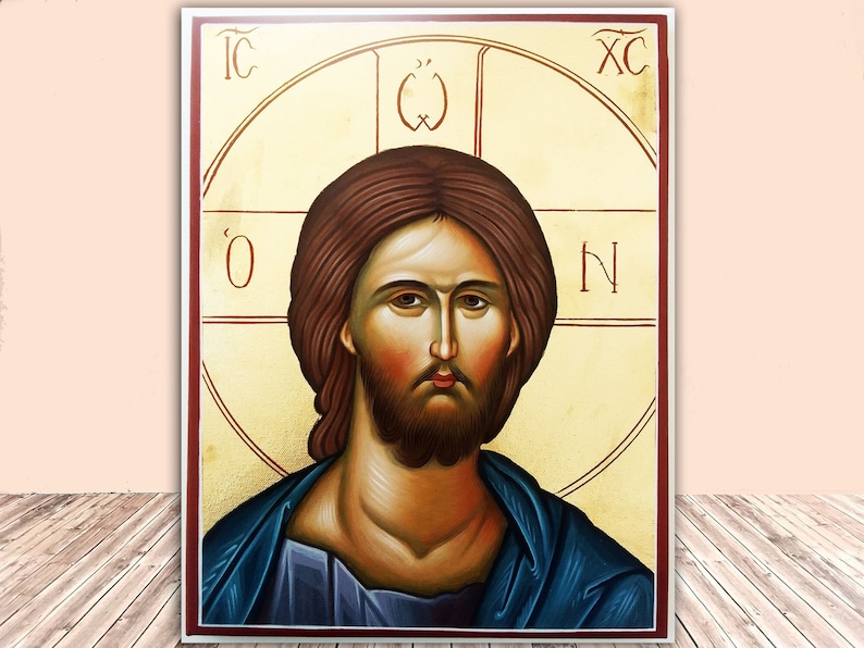 Jesus Christ Original wall mural canvas painting, Greek Byzantine Orthodox icon hand painted, Mural Art Painting Canvas wall decor image 1