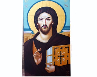 手描きのイエス・キリスト全能者像イコン：シナイ修道院様式（23 x 41