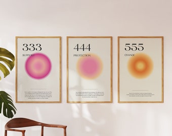 Set Of 3 Angel Number Set 333,444,555, Aura Posters, Angel Number Poster, Gradient Aura Angel, Trendy Dorm Wall Art, Digital Download