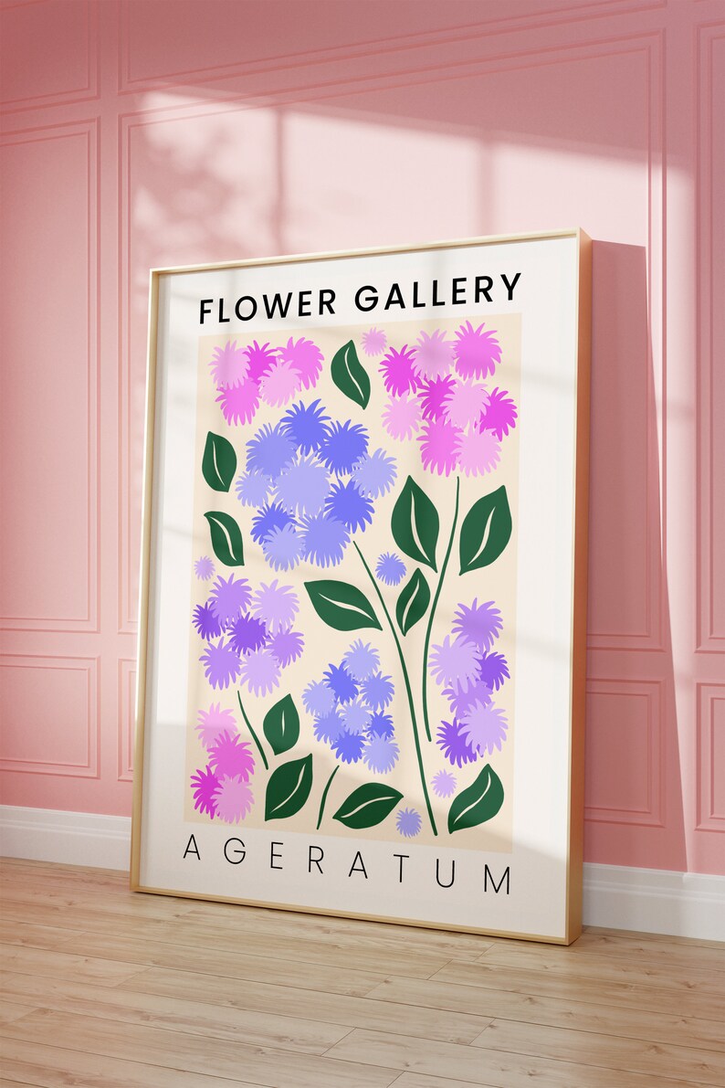 May include: A poster with the title "FLOWER GALLERY" and the text "AGERATUM" at the bottom. The poster features a stylized illustration of purple and pink flowers with green leaves on a cream background.