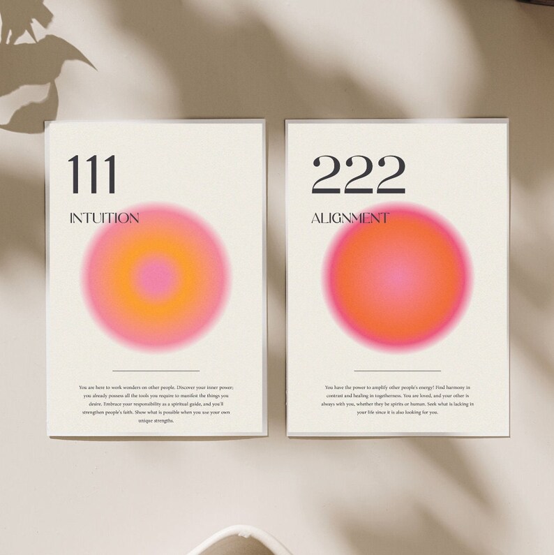 May include: Two minimalist posters with pink and orange gradient circles. The first poster has the number 111 and the word "INTUITION". The second poster has the number 222 and the word "ALIGNMENT".