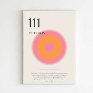 May include: A motivational poster with a pink and orange circle and the number 111. The text reads "Intuition" and "You are here to work wonders on other people. Discover your inner power: you already possess all the tools you require to manifest the things you desire. Embrace your responsibility as a spiritual guide, and you'll strengthen people's faith. Show what is possible when you use your own unique strengths."