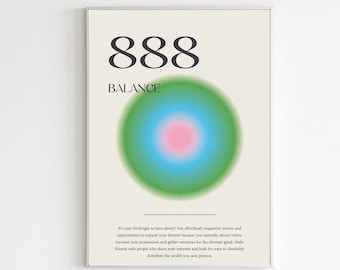 May include: A white poster with a green, blue, and pink circle in the center. The number 888 is printed in black at the top of the poster, and the word "BALANCE" is printed in black below the number. The poster also includes text about the meaning of the number 888.
