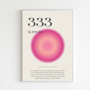 May include: A beige poster with a pink circle in the center. The number 333 and the word "SUPPORT" are printed in black at the top of the poster. The text below the circle reads: "You are capable of overcoming any challenge that comes your way. When you are doubting yourself, remember all of the small miracles you have created over time. View the world through the eyes of a child. Develop a sense of wonder and allow it to carry you through times of struggle and hardship. Life always triumphs. Love always triumphs."
