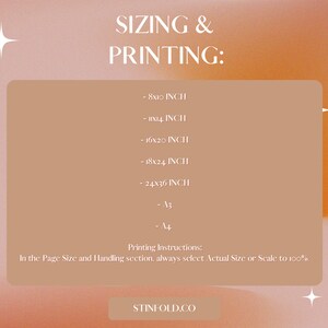 May include: A beige background with text that reads "SIZING & PRINTING:" and lists different print sizes in inches: 8x10, 11x14, 16x20, 18x24, 24x36, A3, and A4. The text also includes "Printing Instructions: In the Page Size and Handling section, always select Actual Size or Scale to 100%." and a button that reads "STINFOLD.CO".