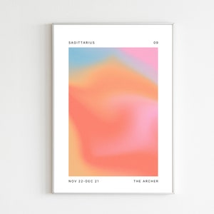Może przedstawiać: Minimalistyczny plakat z gradientowym tłem w odcieniach niebieskiego, ż&oacute;łtego, pomarańczowego i r&oacute;żowego. Plakat zawiera tekst "SAGITTARIUS", "09", "NOV 22-DEC 21" i "THE ARCHER".