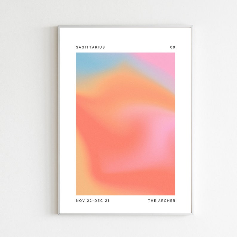 Może przedstawiać: Minimalistyczny plakat z gradientowym tłem w odcieniach niebieskiego, ż&oacute;łtego, pomarańczowego i r&oacute;żowego. Plakat zawiera tekst "SAGITTARIUS", "09", "NOV 22-DEC 21" i "THE ARCHER".