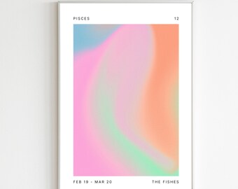 Plakat ścienny z motywem Ryb – kolorowy plakat z astrologią zodiaku, wydruk gradientowy, natychmiastowe pobranie cyfrowe