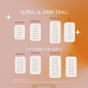 May include: A chart with sizing and printing instructions for various print sizes. The chart includes three different ratios: 4:5, 3:4, and 2:3, as well as ISO sizes. The chart lists the dimensions in inches and centimeters.