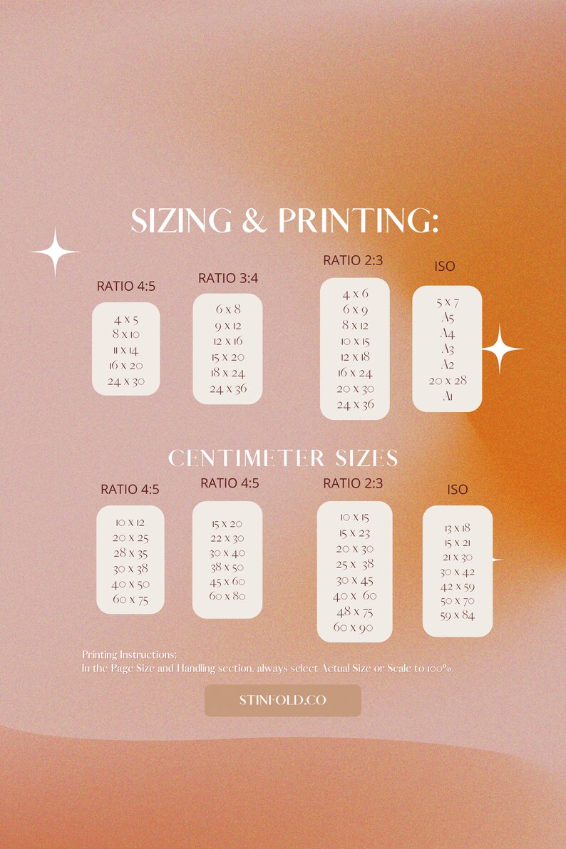 May include: A chart with sizing and printing instructions for various print sizes. The chart includes three different ratios: 4:5, 3:4, and 2:3, as well as ISO sizes. The chart lists the dimensions in inches and centimeters.