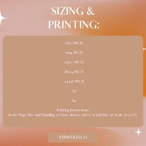 Może przedstawiać: Beżowe tło z tekstem "SIZING & PRINTING:" i listą r&oacute;żnych rozmiar&oacute;w wydruk&oacute;w w calach: 8x10, 11x14, 16x20, 18x24, 24x36, A3 i A4. Tekst zawiera r&oacute;wnież "Instrukcje drukowania: W sekcji Rozmiar strony i obsługa, zawsze wybierz Rozmiar rzeczywisty lub Skaluj do 100&nbsp;%" oraz przycisk z napisem "STINFOLD.CO".