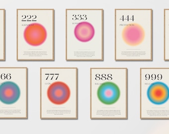 Angel Number Posters, Set of 9, Instant Download Poster,Aura Poster,Angel Number Poster,Angel Number Wall Art Print, Digital Download Prints