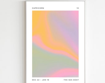 Plakat z aurą Koziorożca, kolorowy plakat z Koziorożcem, plakat astrologiczny, znak zodiaku, projekt astrologiczny, gradient, natychmiastowe pobranie cyfrowe