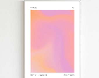 Bliźnięta – natychmiastowe pobranie wydruku, grafika zodiaku do druku, duchowa sztuka ścienna, plakat z aurą, pobieranie cyfrowe