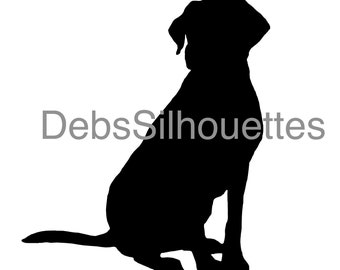 May include: Black silhouette of a dog sitting with its head turned to the side.